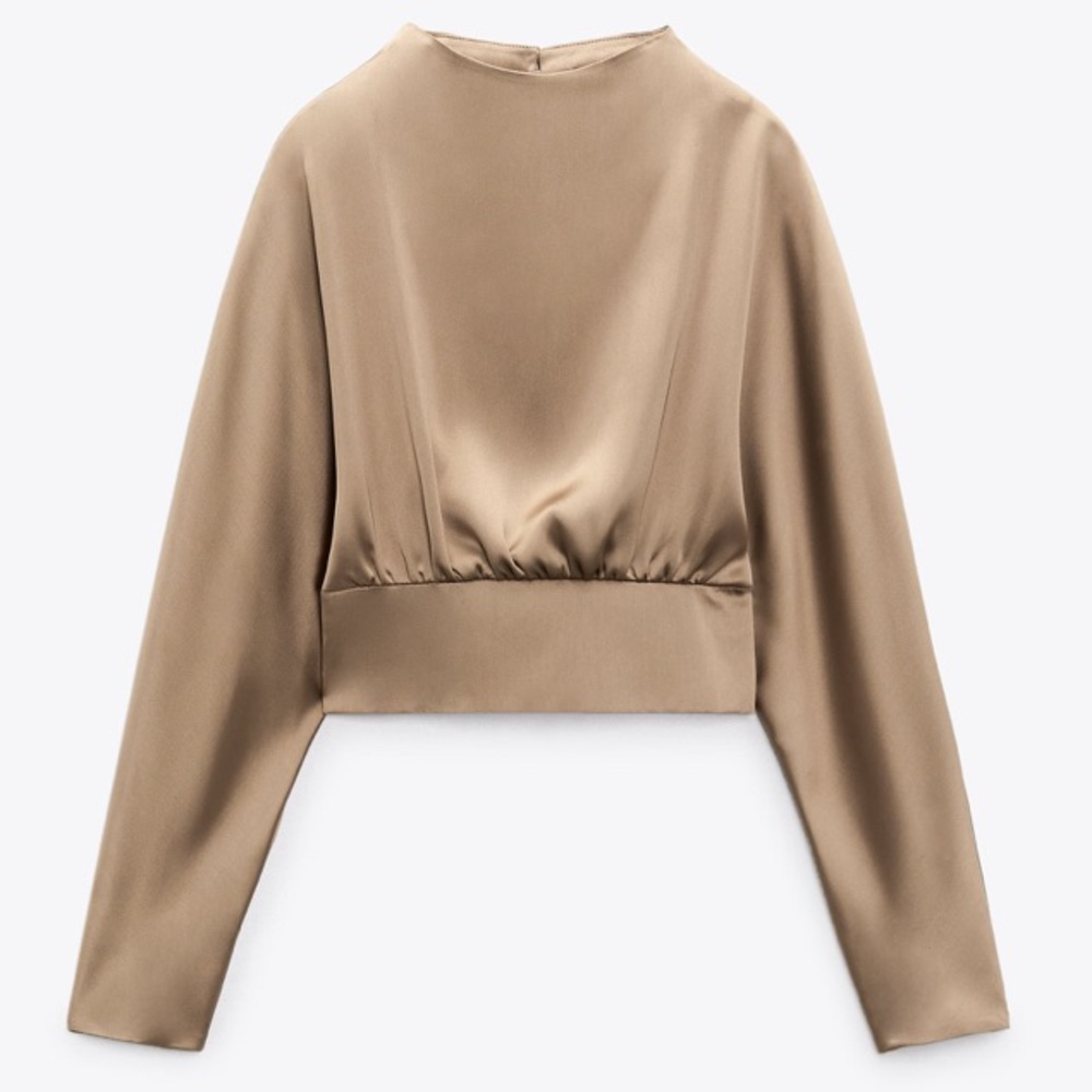NWT Zara Bronze Satin Crop Long Sleeve Open Back Vent Blouse Womens XS